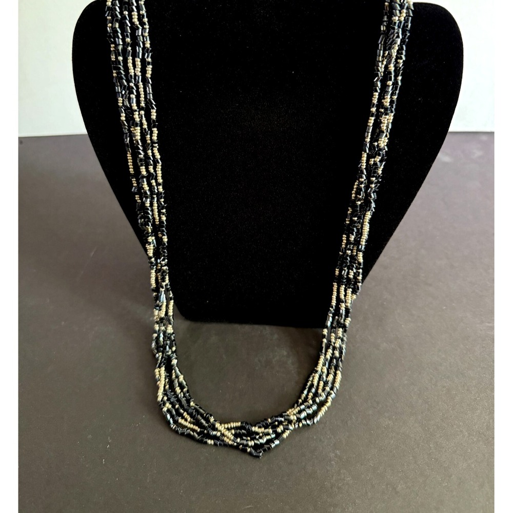 Vintage Shiny Black and Chrome Necklace Many Strand Stone Seed Bead Jewelry‎ 24"